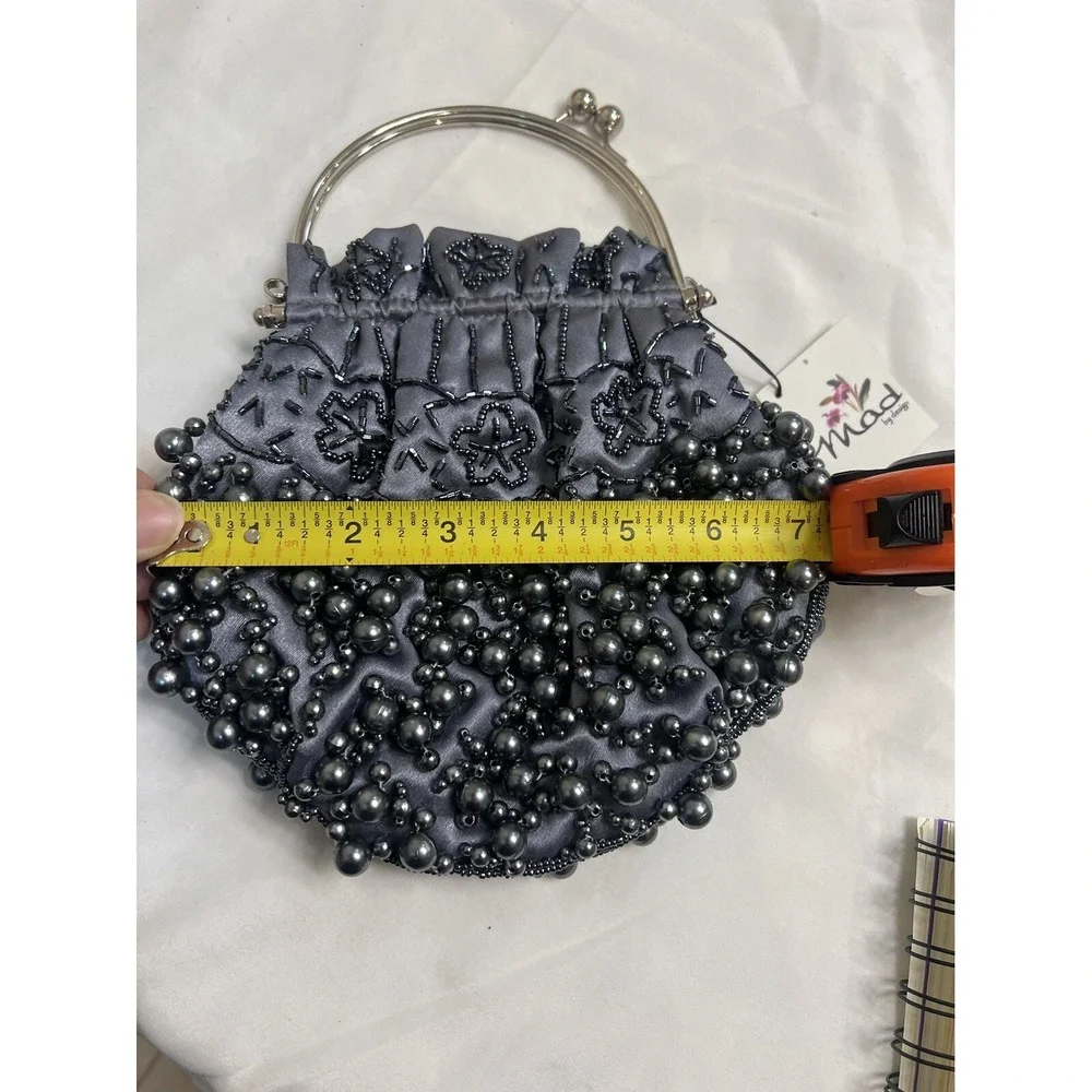 Mad‎ By Design Grey Black Pearl Beaded Bracelet Handle  Purse  New Years Eve